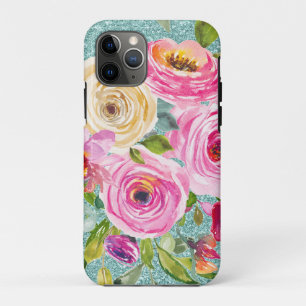 Case-Mate iPhone Case Roses d'aquarelle en Parties scintillant Aqua rose
