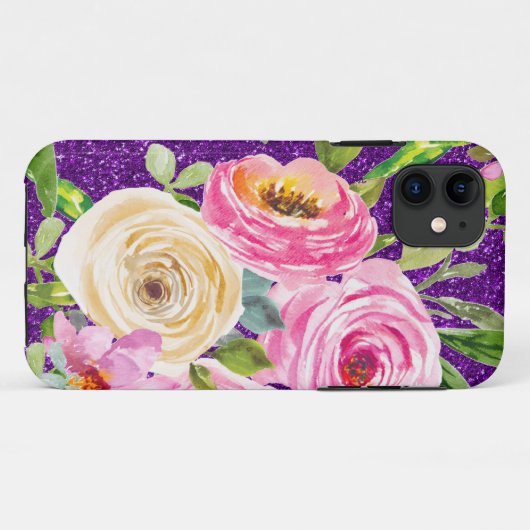 Coques Case-Mate iPhone Roses d'aquarelle en Parties scintillant rose et c (Dos (Horizontal))