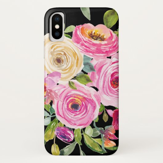 Coques Case-Mate iPhone Roses d'aquarelle en rose et crème sur noir (Dos)