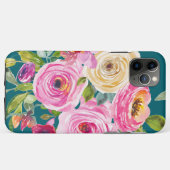 Coques Case-Mate iPhone Roses d'aquarelle en rose et crème sur Turquoise (Dos (Horizontal))