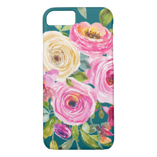 Case-Mate iPhone Case Roses d'aquarelle en rose et crème sur Turquoise