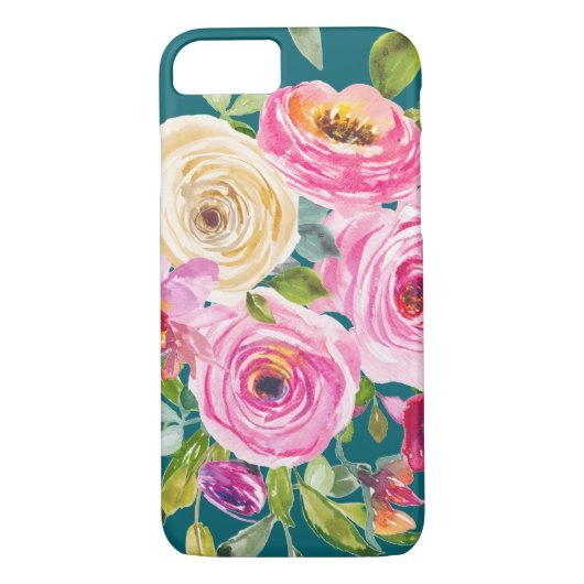 Coques Case-Mate iPhone Roses d'aquarelle en rose et crème sur Turquoise (Dos)