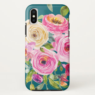 Case-Mate iPhone Case Roses d'aquarelle en rose et crème sur Turquoise