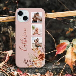 Coque iPhone 15 Mini Roses d'aquarelle fille 3 photos et nom<br><div class="desc">Personnalisez ce joli design avec votre nom ou monogramme. Il dispose de trois modèles photo carrés,  un joli ensemble de fleurs de style aquarelle dans des couleurs chaudes de terre et un champ de texte modifiable. La couleur Arrière - plan est personnalisable.</div>