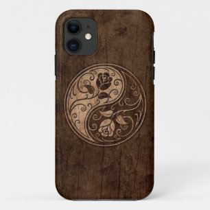 Coque iPhone 11 Roses de Yin Yang avec l'effet en bois de grain