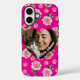 Coques iPhone 16 Roses et empreintes de pattes aquarelles avec phot