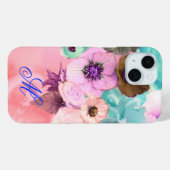 COQUES Case-Mate iPhone ROSES ET FLEURS ANÉMONE TEAL PINK MONOGRAMME (Verso (horizontal))