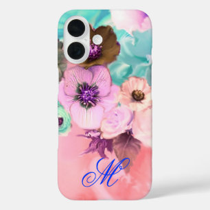 COQUES iPhone 16  ROSES ET FLEURS D'ANÉMONE MONOGRAMME TEAL PINK