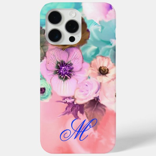 COQUES Case-Mate iPhone ROSES ET FLEURS D'ANÉMONE TEAL PINK MONOGRAMME (Verso)