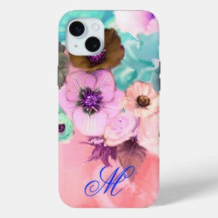 COQUE iPhone 15 MINI ROSES ET FLEURS D'ANÉMONE TEAL PINK MONOGRAMME