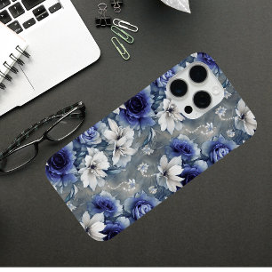 Coque iPhone 15 Pro Max Roses et Lys Bleus et Blancs élégants