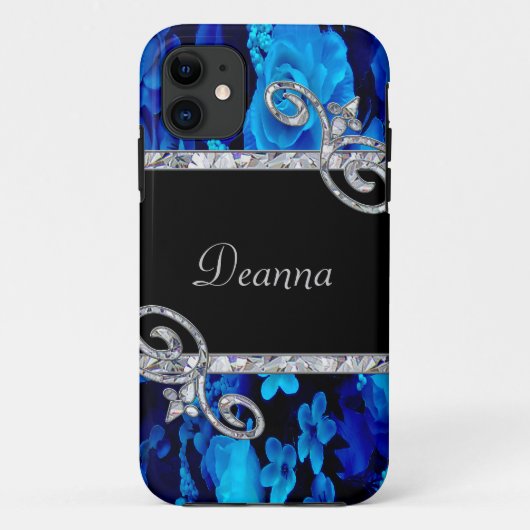 Coques Case-Mate iPhone Roses et monogramme bleus de remous de diamant (Dos)