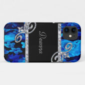 Coques Case-Mate iPhone Roses et monogramme bleus de remous de diamant (Dos (Horizontal))