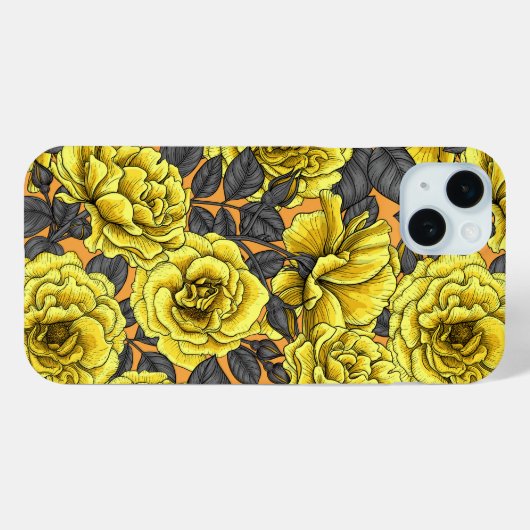 Coques Case-Mate iPhone Roses jaunes avec feuilles gris sur orange (Verso (horizontal))