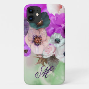 COQUES POUR iPhone ROSES ROSE POURPRE ANÉMONES BLANCHES MONOGRAMME