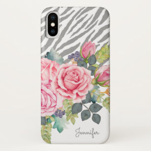 Coques Pour iPhone Roses roses chics d'impression gris Girly de zèbr
