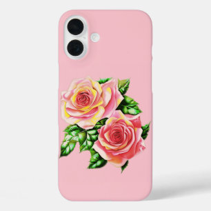 Coques iPhone 16 Plus Roses roses corail rose avec Feuilles verts Jade