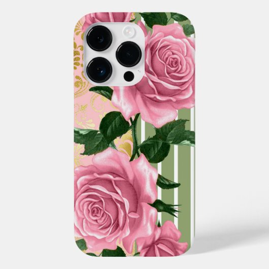 Coques Case-Mate iPhone Roses roses élégantes et Feuilles verts (Verso)