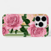 Coques Case-Mate iPhone Roses roses élégantes et Feuilles verts (Verso (horizontal))