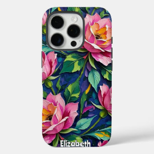 Coques iPhone 16 Pro Roses roses impressionnistes en bleu