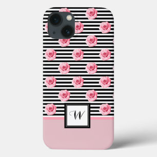 Case-Mate iPhone Case Roses roses sur bandes noires et blanches avec ini