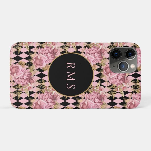 Coques Case-Mate iPhone Roses roses sur le Monogramme arlequin (Dos (Horizontal))