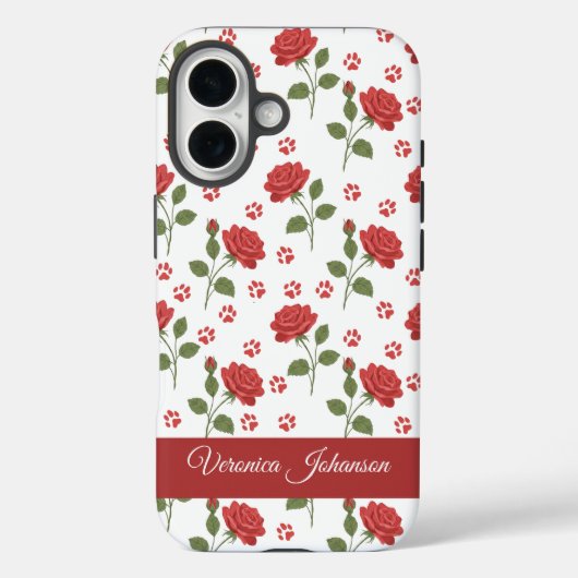 Coques Case-Mate iPhone Roses Rouges & Fleurs à Empreintes de Patte Nom Pe (Verso)