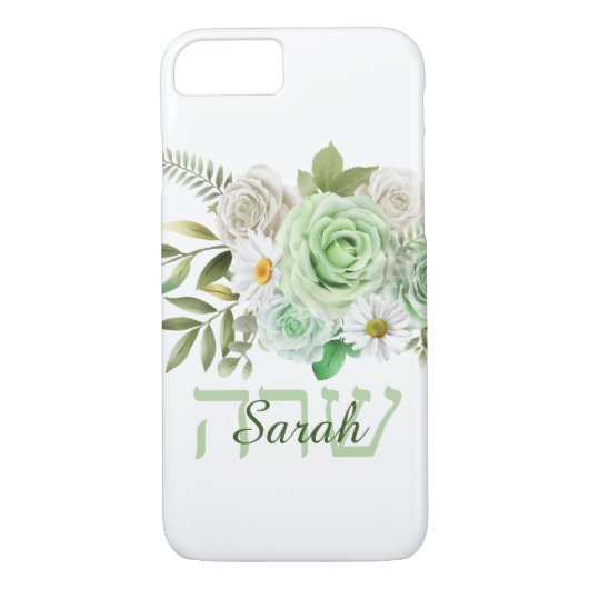 Coques Case-Mate iPhone Roses verts et marguerites Nom en anglais et en hé (Dos)