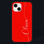 Coque Pour iPhone 14 Rouge blanc élégant Nom du script de calligraphie<br><div class="desc">Red White Elegant Calligraphy Script Personnalisé Nom iPhone 14 Smart Phone Boîtes dispose d'un design moderne et tendance simple et élégant avec votre nom personnalisé dans élégante calligraphie manuscrite typographie de script sur un arrière - plan rouge. Conçu par ©Evco Studio www.zazzle.com/store/evcostudio</div>