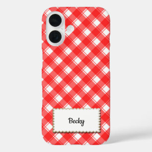 Coques iPhone 16 Rouge Blanc Gingham à Carreaux Personnalisé