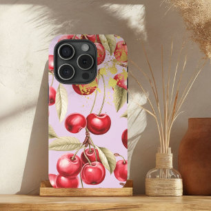 Coque Pour iPhone 15 Rouge chic, Fruit de cerise Pastel Mauve avec or