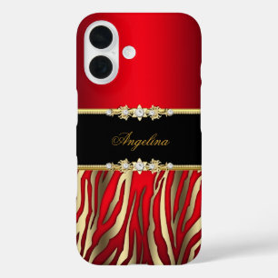 Coques iPhone 16 Rouge élégant Zèbre Noir Or