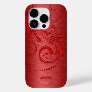 Coque Pour iPhone 14 Pro Rouge en acier métallique rouge brossé look