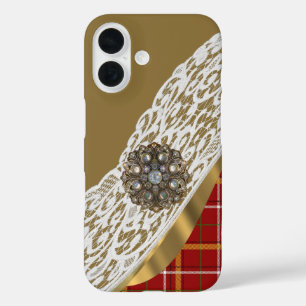 Coques iPhone 16 Rouge et or tartan plaid et dentelle