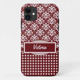 Coque Case-Mate Pour iPhone Rouge foncé et blanc Floral Art Déco Damask