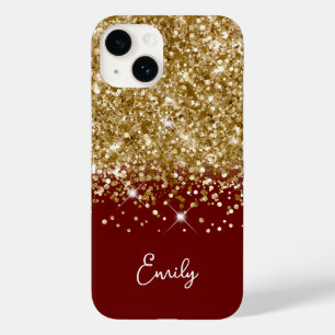 Coque Pour iPhone 14 Rouge foncé et paillettes dorées Glam