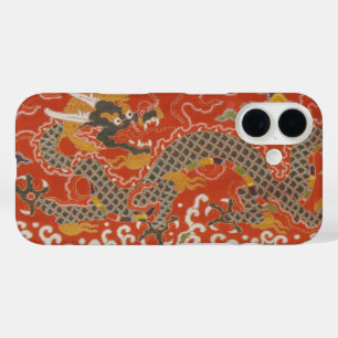 Coques iPhone 16 Rouge Impérial & Motif de Soie de Dragon Noir