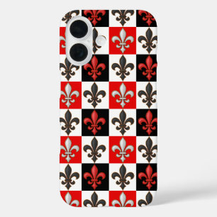 Coques iPhone 16 Rouge Noir Blanc À damiers Fleur de lis Design