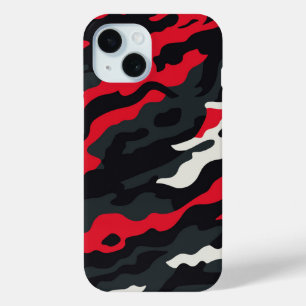 Coque Pour iPhone 15 Rouge Noir Gris Blanc Camouflage Camo Motif