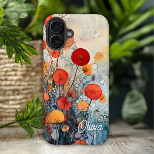 Coques iPhone 16 Plus Rouge Orange et Abstrait Floral Teal Nom