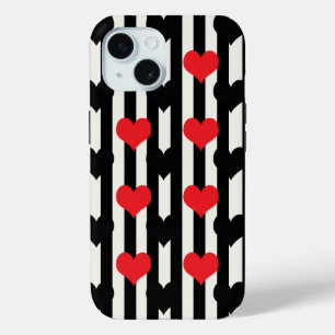 Coque Pour iPhone 15 Rouge rayé Noir Amour Coeur Motif Design