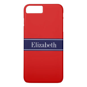 Coque iPhone 7 Plus Rouge uni, ruban bleu marine Nom Monogramme