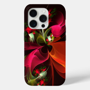 Coque iPhone 15 Pro Rouge Vert Floral Moderne Art Abstrait Motif #02