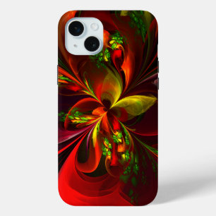 Coque iPhone 15 Mini Rouge vert moderne Floral Abstrait Art Motif #05