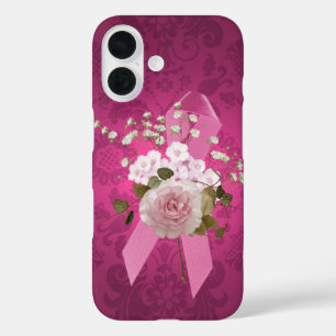 Coques iPhone 16 Ruban rose sur Damas magenta