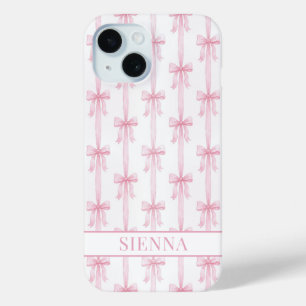 Coque Pour iPhone 15 Rubans Coquette Rose Monogrammés Rayés