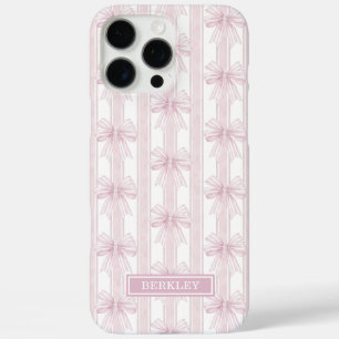 Coques iPhone 16 Pro Max Rubans Coquette Rose sur Monogramme à Rayures