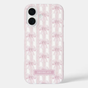 Coques iPhone 16 Rubans Coquette Roses sur Monogramme à Rayures