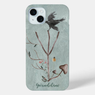 Coque iPhone 15 Mini Rune Algiz avec branches et corbeau