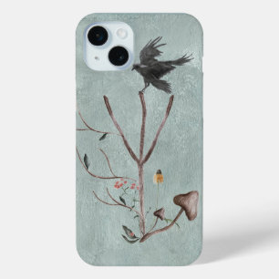 Coque iPhone 15 Mini Rune Algiz fait de branches avec corneille